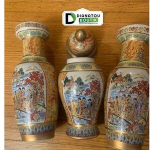 Vintage Chinese Porcelaine Ginger Jar Geisha Scene Set Of 3